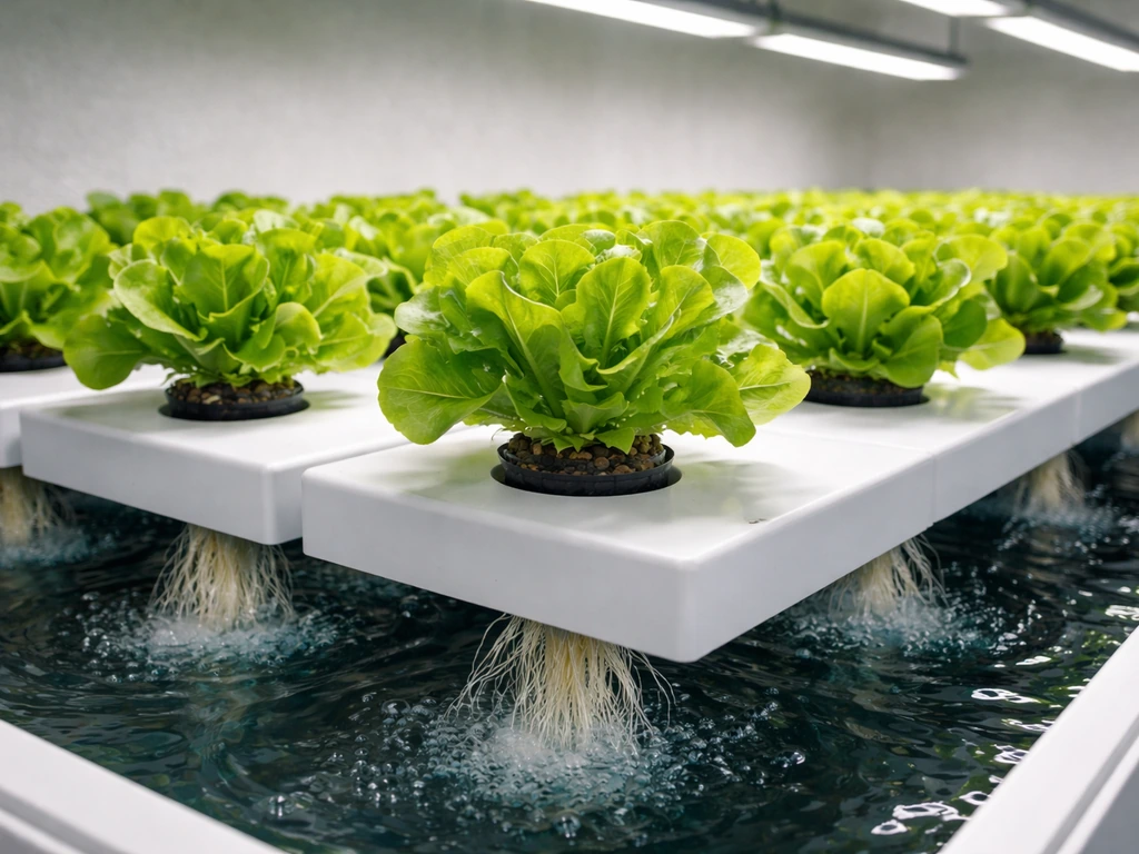 Crisp hydroponic lettuce growing under LED lights in a neat indoor DWC-style setup with net pots.