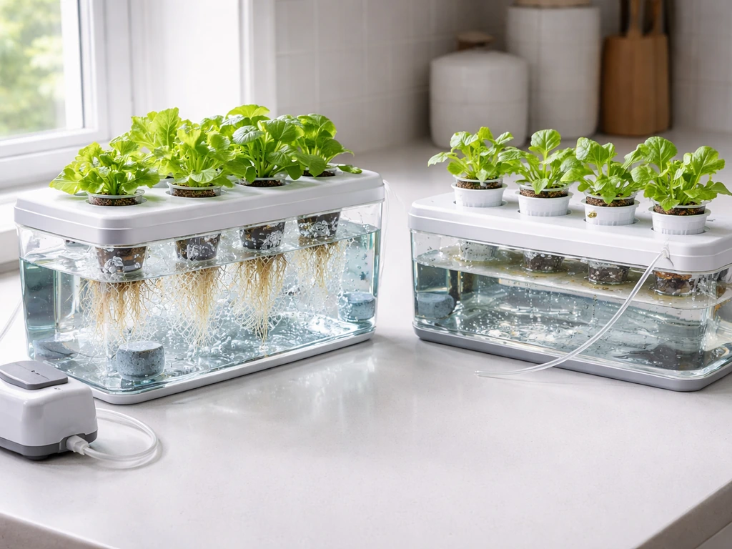 Side-by-side DWC and NFT hydroponic lettuce setups with clear reservoirs, net pots, and visible water/film flow.