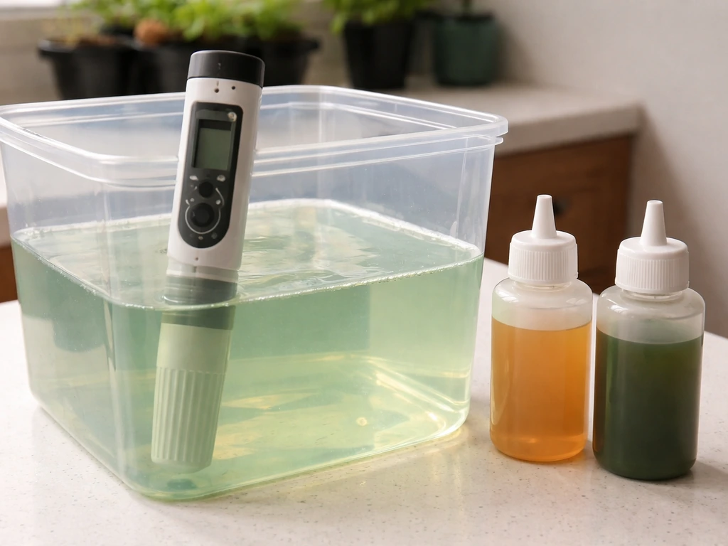 Home hydroponics setup with a nutrient mixing container, EC meter, and labeled concentrate bottles—no text
