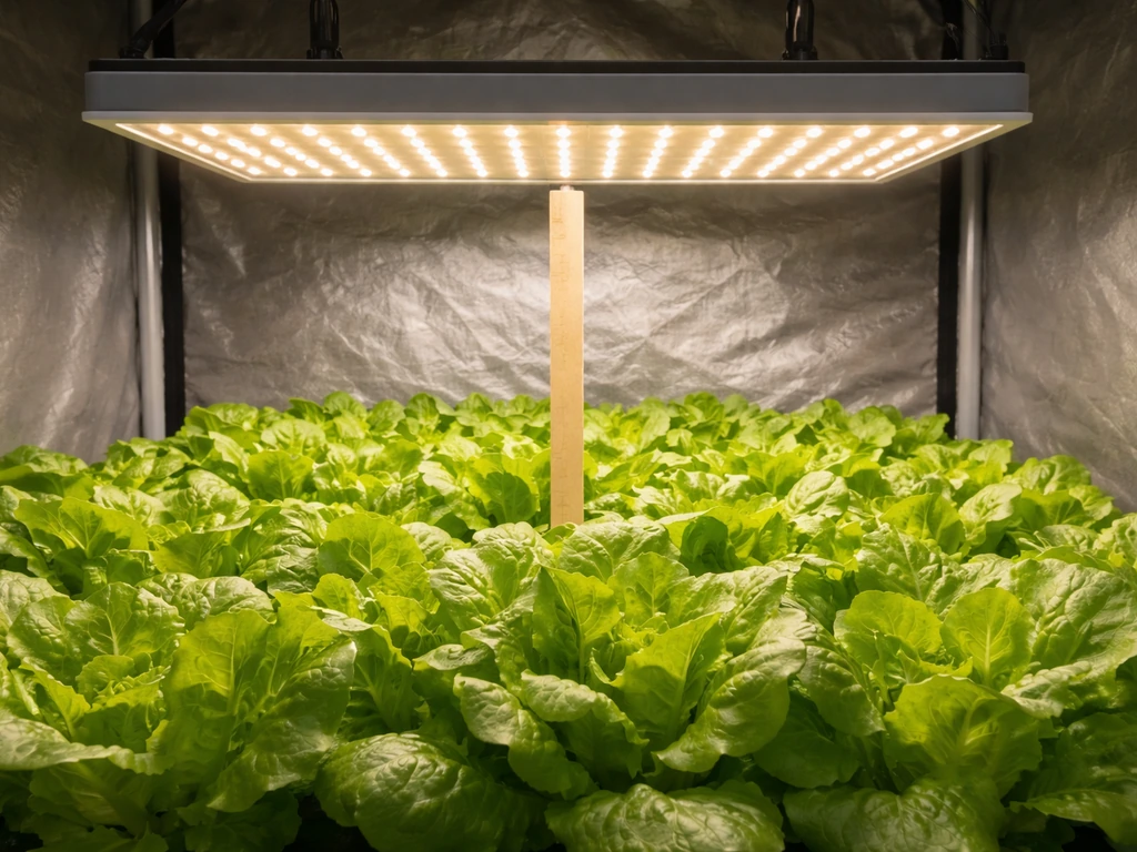 LED grow light suspended above compact lettuce canopy with a small height reference stick nearby.