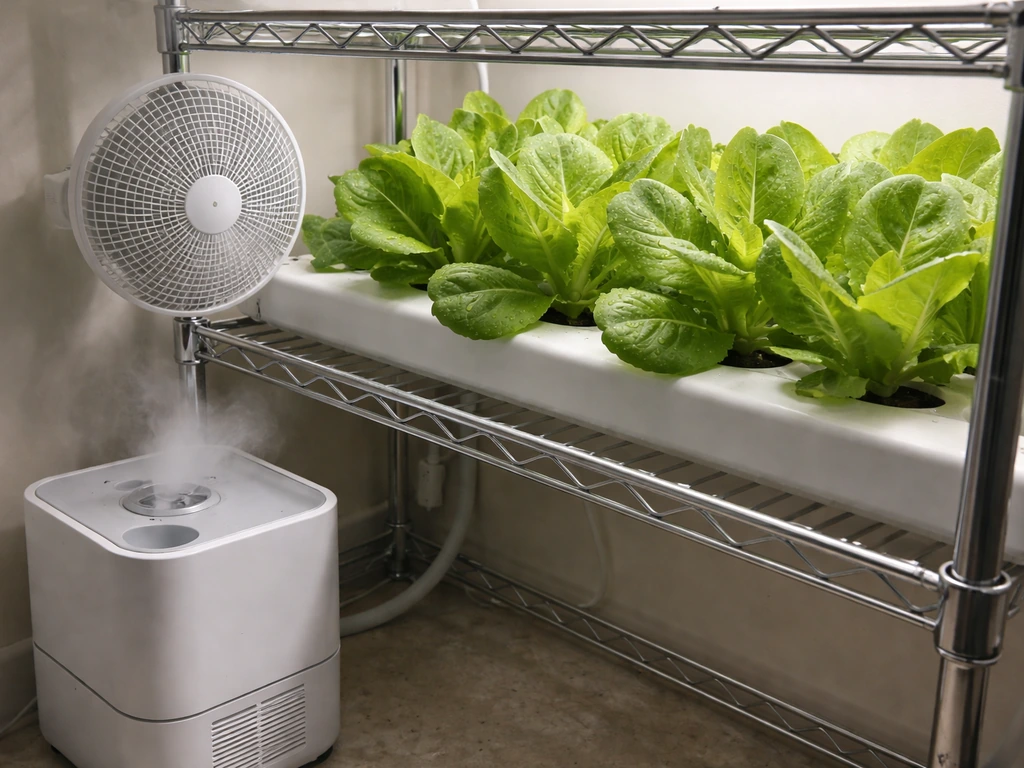 Lettuce leaves in an indoor hydroponic rack with a small fan and humidifier/dehumidifier nearby.