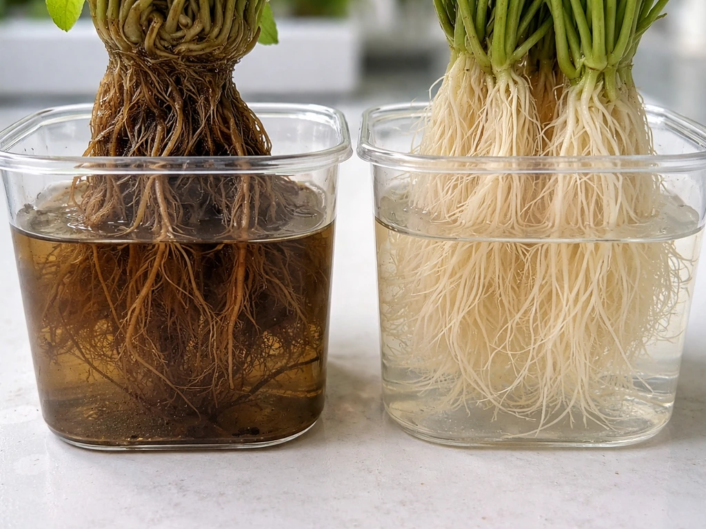 Side-by-side hydroponic roots: brown slimy roots in one container and clean white healthy roots in another.