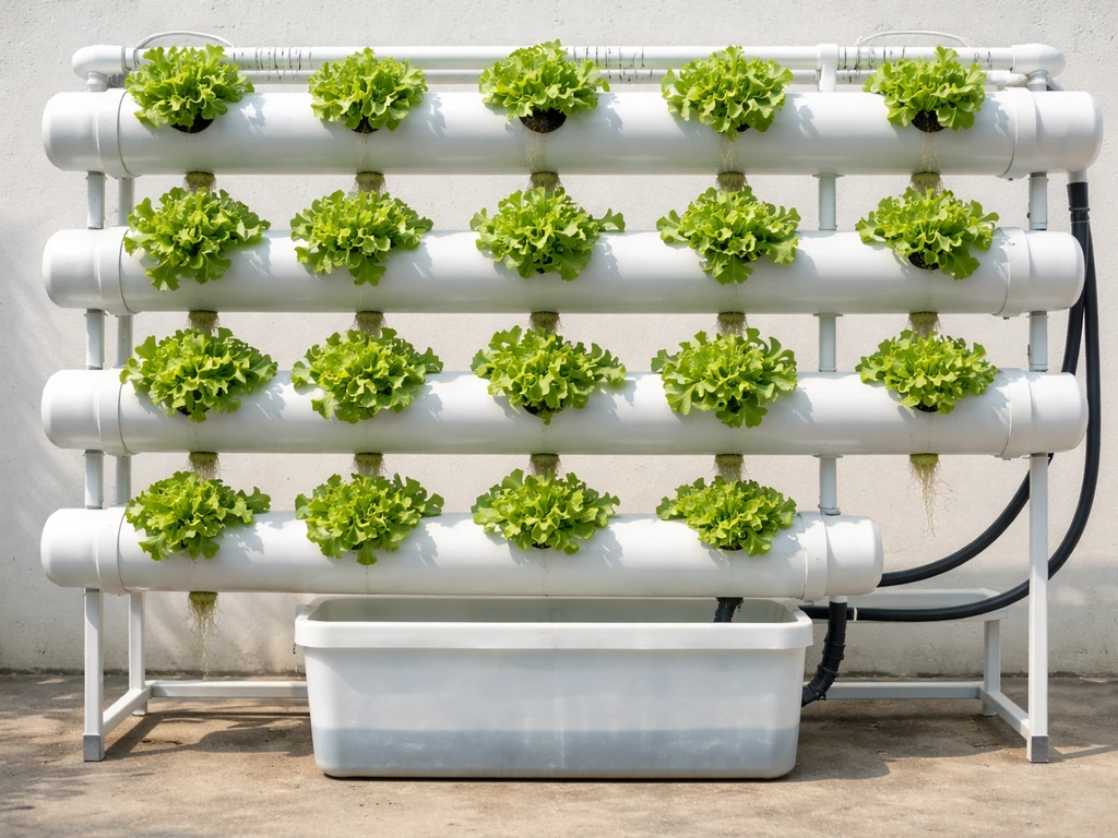 Leafy lettuce sprouting from PVC pipe openings with visible hose and reservoir connections in a simple setup.