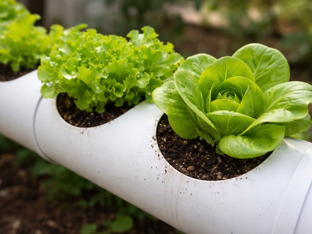 Loose-leaf and butterhead lettuce growing in vertical PVC pipe planter holes outdoors.