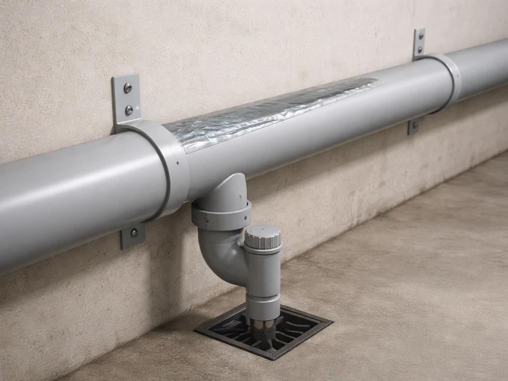 Horizontal PVC pipe with slight downward slope, arrow-like water flow, and a capped low-end drainage outlet.