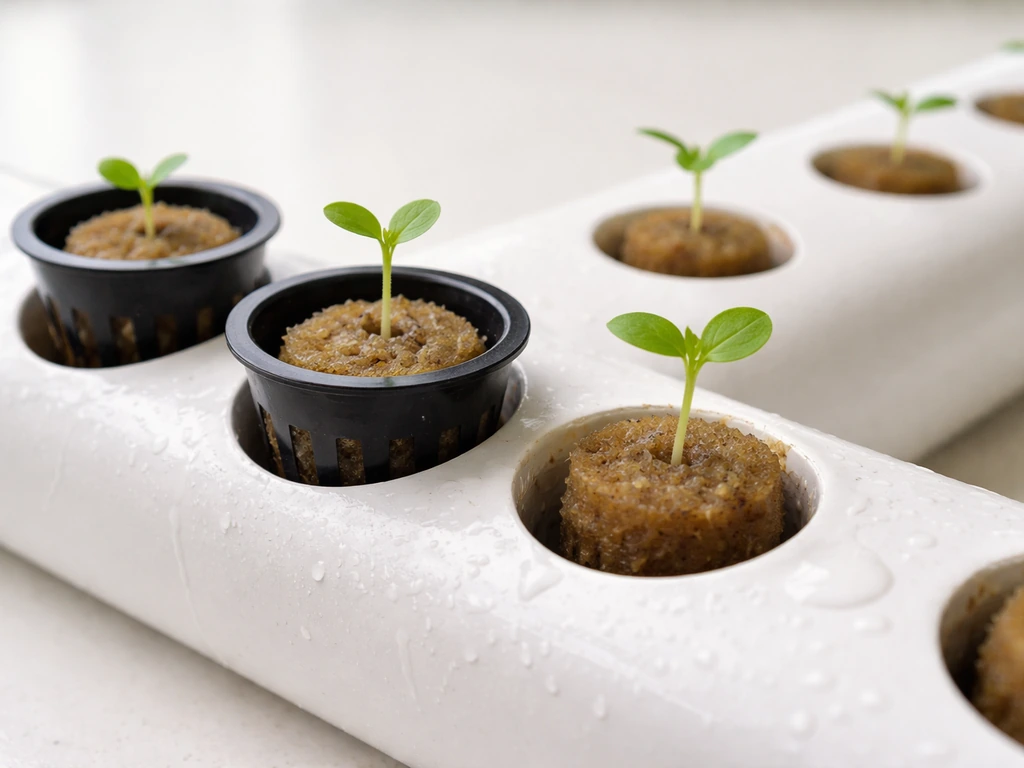 Close-up of spaced cut holes in a hydroponic pipe with net pots and growing media holding seedlings.