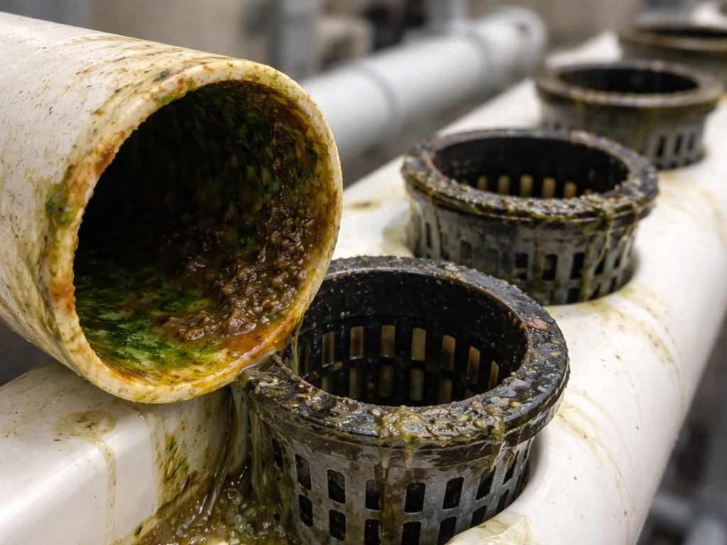 Close-up of PVC pipe interior with green algae and slimy biofilm around net pots in a hydroponic system.