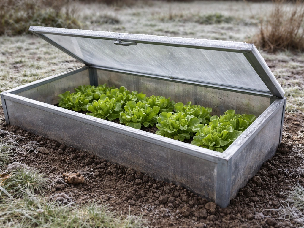 Fresh lettuce with healthy leaves growing inside a transparent cold frame in a winter garden.