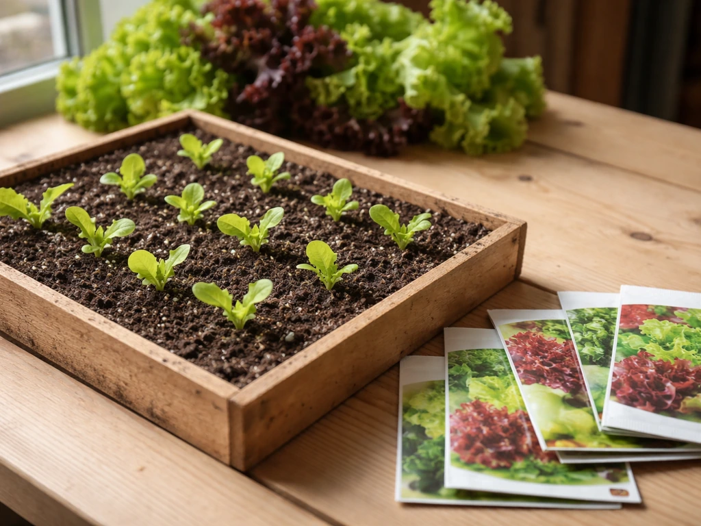 Seedling tray with small lettuce starts beside colorful, unlabelled seed packets in natural window light.