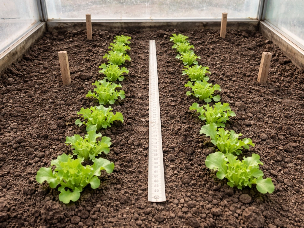 Close-up of lettuce seedlings in a cold frame with measuring tape showing spacing between rows.