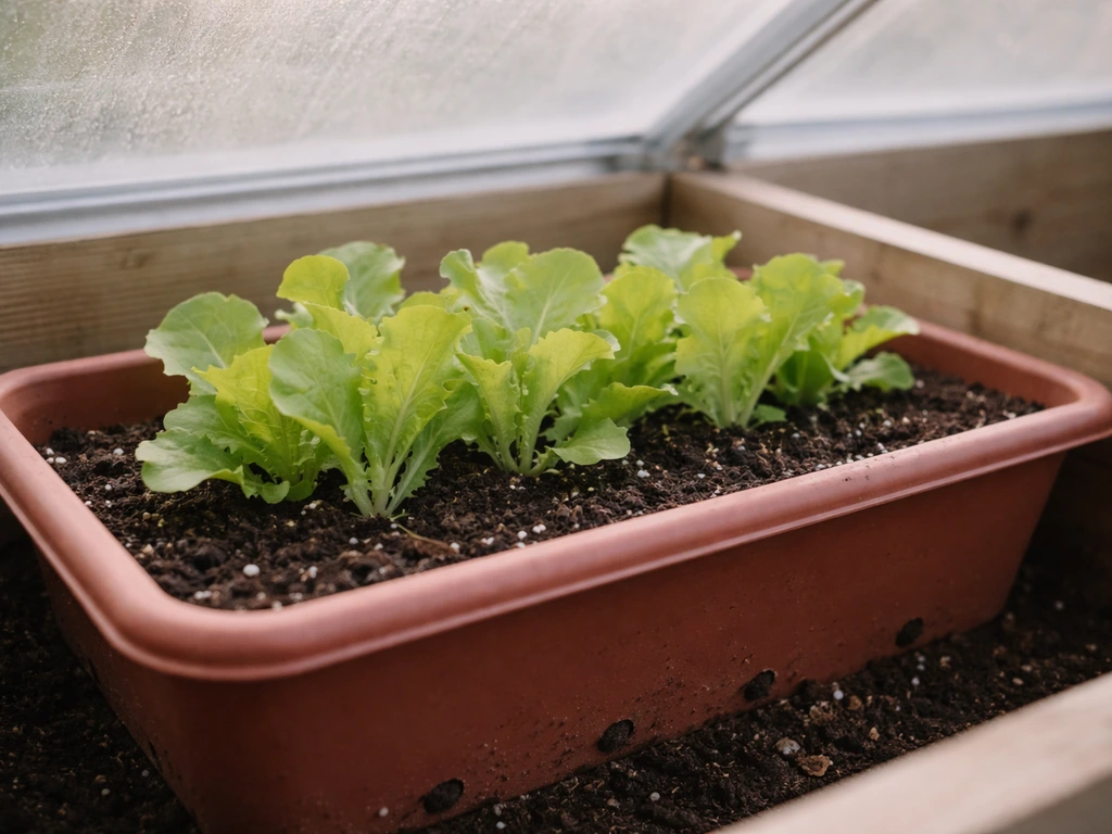 Potted lettuce in a cold frame with visible potting mix and drainage holes, natural light