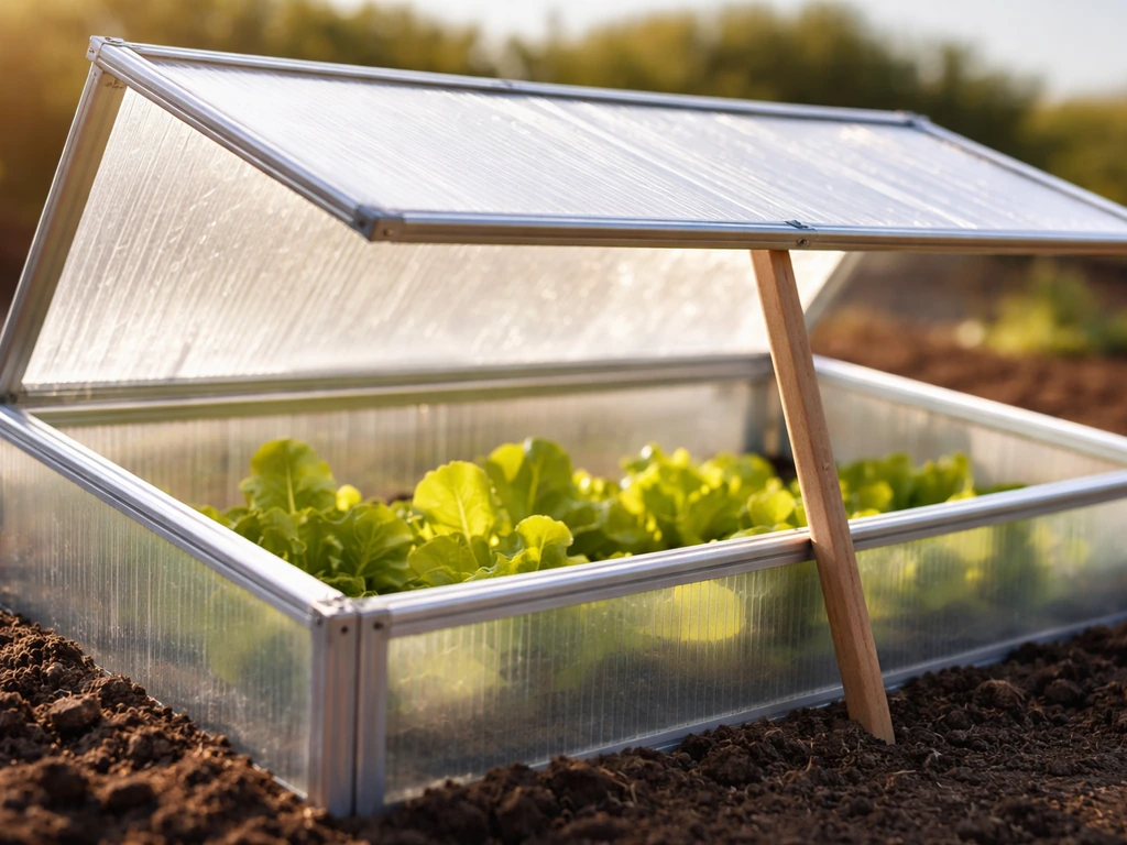 Cold frame lid propped open on a sunny day with warm air escaping near lettuce leaves