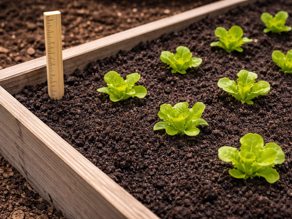 Top-down view of lettuce growing in a raised bed with soil depth reference marked at 6–8 inches.