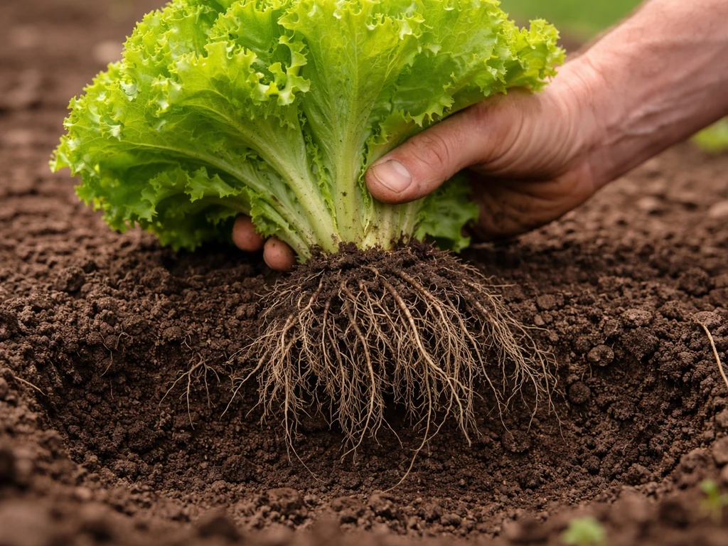 Lettuce plant being lifted, with its fine shallow feeder roots concentrated near the top soil layer.