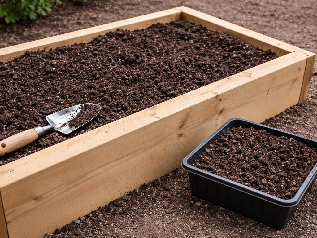 Close view of a wooden raised bed filled with dark growing mix showing ~8–10 inches depth.