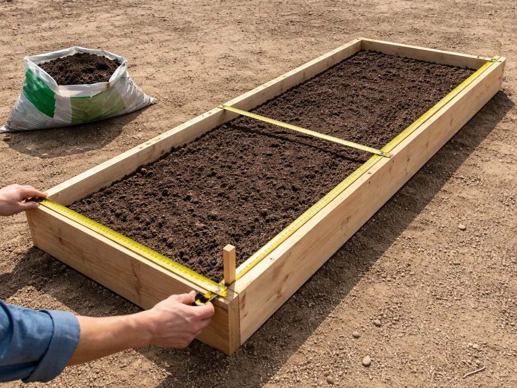 Hands measuring a rectangular raised garden bed with a tape measure beside loose soil