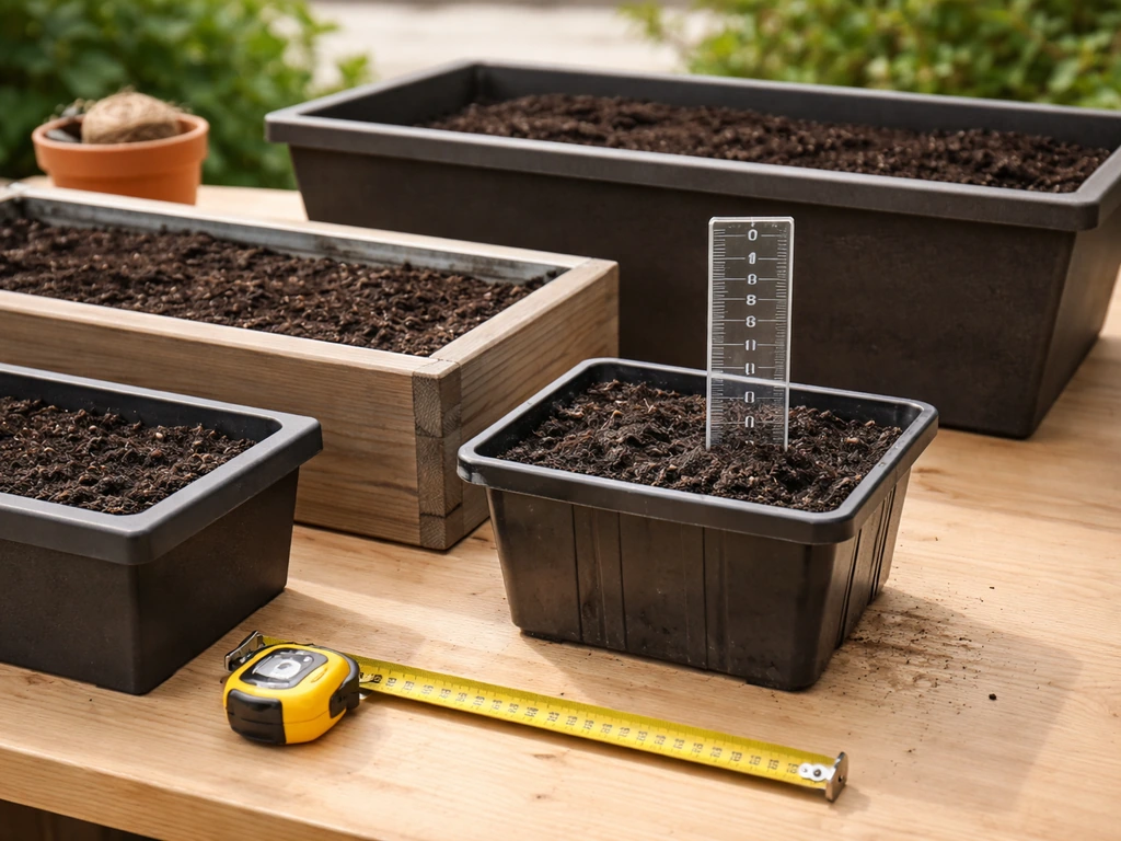 Empty planters and a measuring tape on a light wood table, with a clear depth gauge showing 8-inch soil depth.