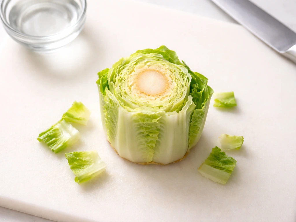 Top-down view of a trimmed cos lettuce stump cutting on a clean cutting board, cut base visible.