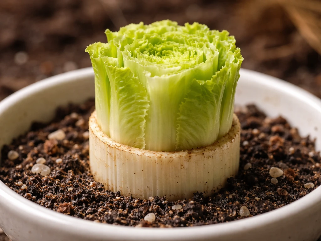 Close-up of a trimmed cos lettuce base cutting on potting mix showing fresh cut edges for rooting.