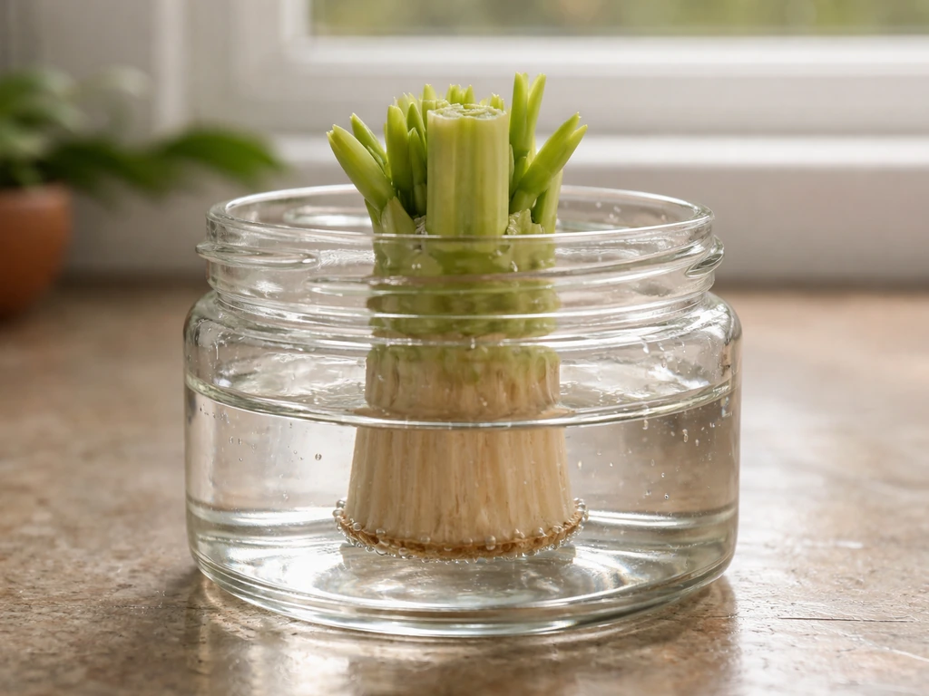 Trimmed plant stump cut-side down in a shallow jar of water with clean submerged base