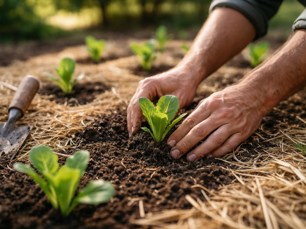 Hands placing small cos lettuce seedlings into a mulched outdoor garden bed with morning sun and afternoon shade.