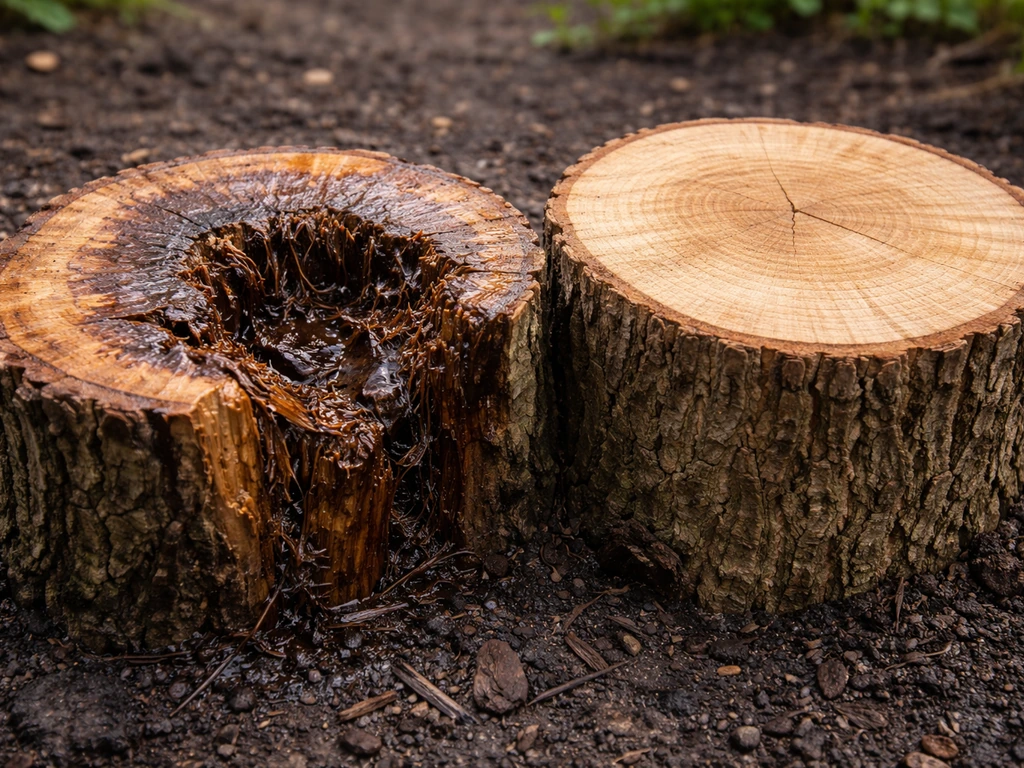 Close-up of slimy brown rot at one stump base next to a healthy stump base on damp soil.