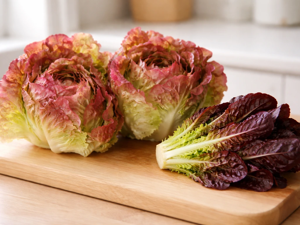 Fresh pink-red lettuce heads and cut cultivars displayed side-by-side on a clean wooden table.