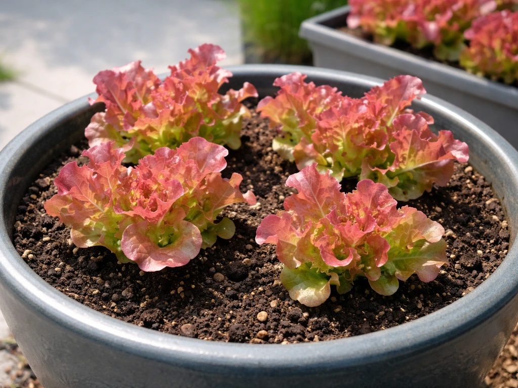 Deep pot with pink lettuce, visible soil surface, and tidy arrangement on a patio