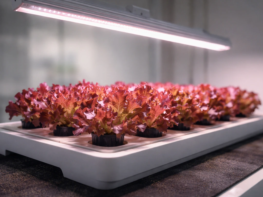 Pink lettuce seedlings in a simple hydroponic tray lit by an overhead LED grow bar indoors.