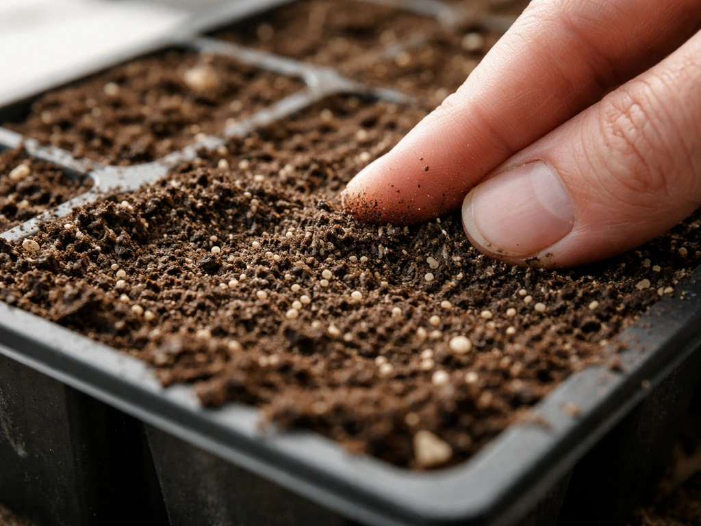 Closeup of tiny lettuce seeds sown shallow in a seed-starting tray with lightly covered soil