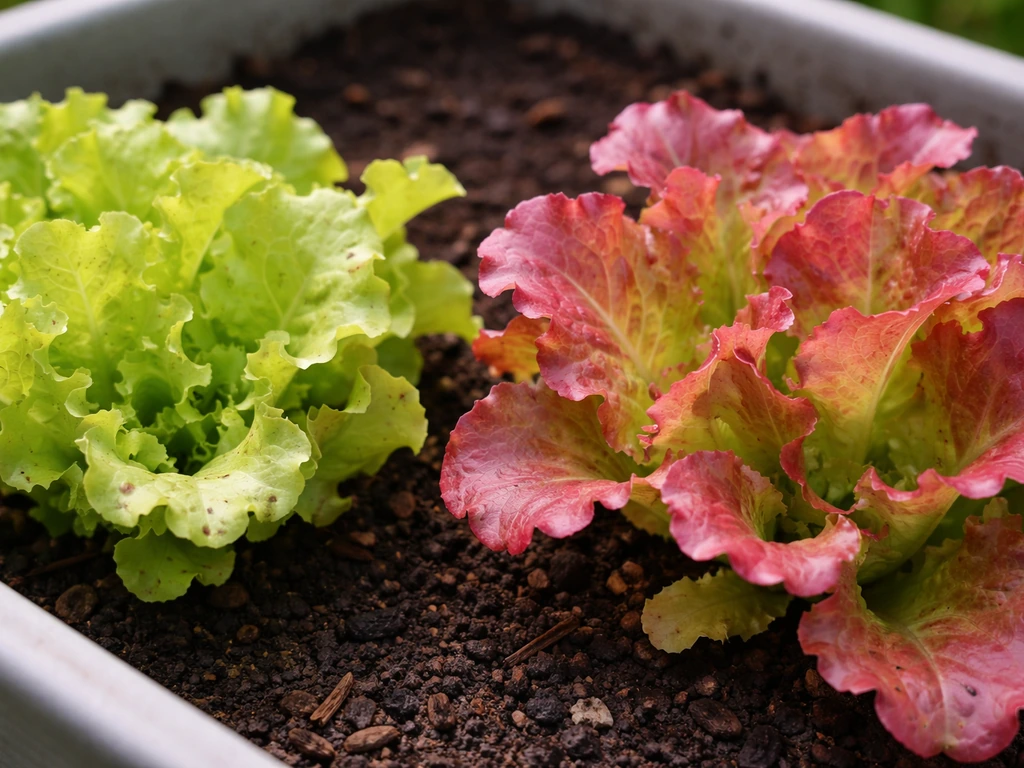 Closeup of pale green and healthy pink lettuce leaves side by side in soft natural light.