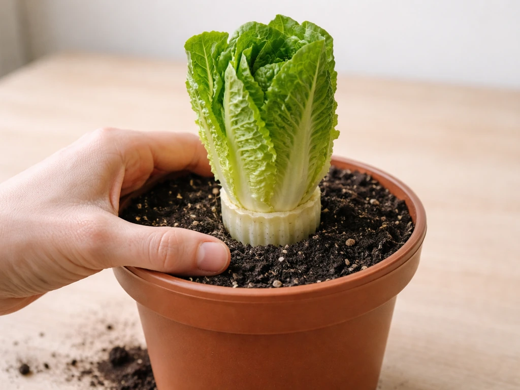 Hand planting a romaine base (1–2 inches) into potting soil at the correct depth.