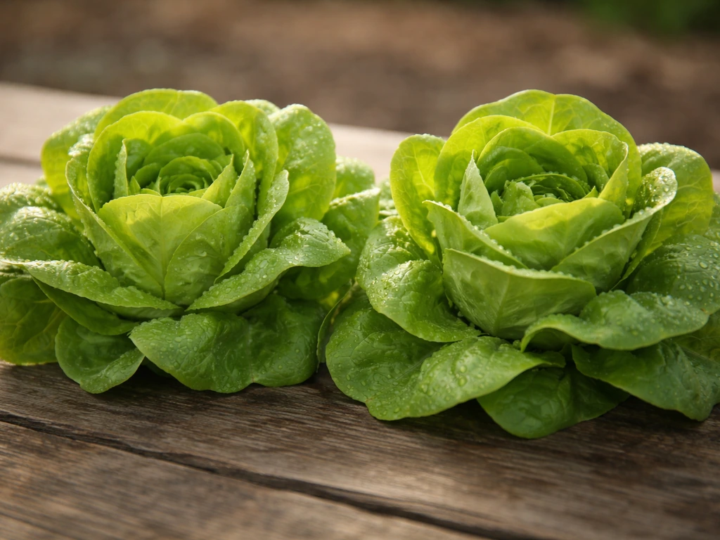 Close-up of compact pale-green buttercrunch lettuce heads with tender crisp leaves and slight dewdrops.