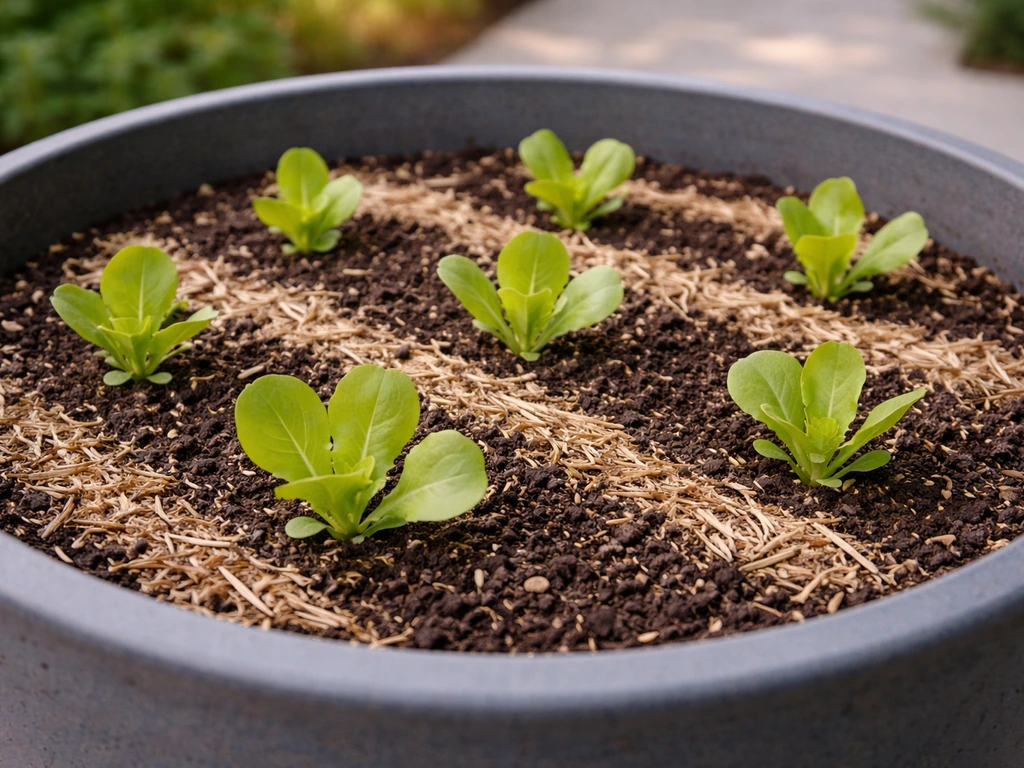 Lettuce seedlings spaced in a large outdoor planter with visible soil surface and mulch