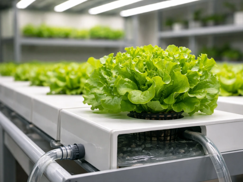 Leafy green lettuce thriving in an indoor hydroponic channel system under grow lights.