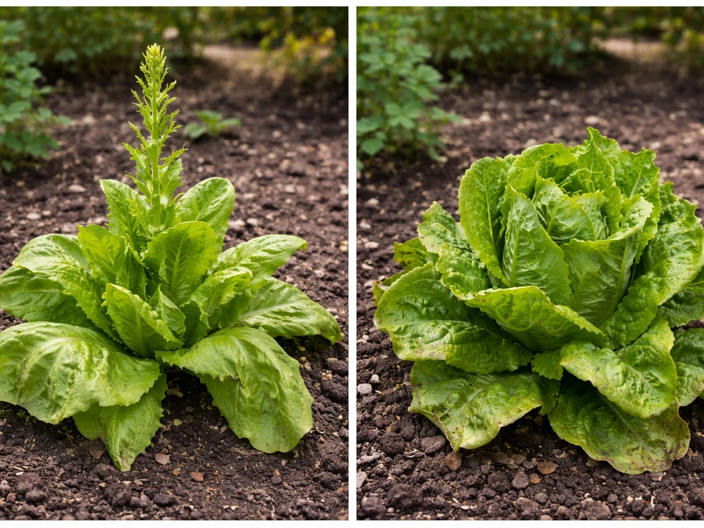 Two-panel grid: bolting lettuce with a visible flower stalk vs non-bolting lettuce with stressed bitter leaves