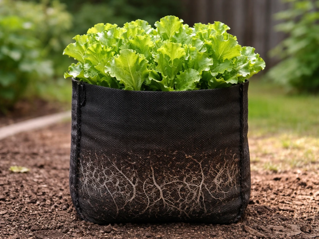 Healthy lettuce growing in a fabric grow bag with breathable sides and roots filling the bag