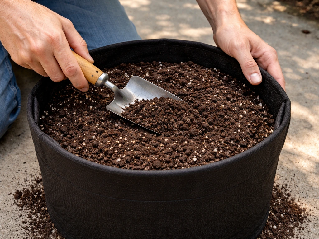 Hands filling a grow bag with dark potting mix, leveling it just below the rim.