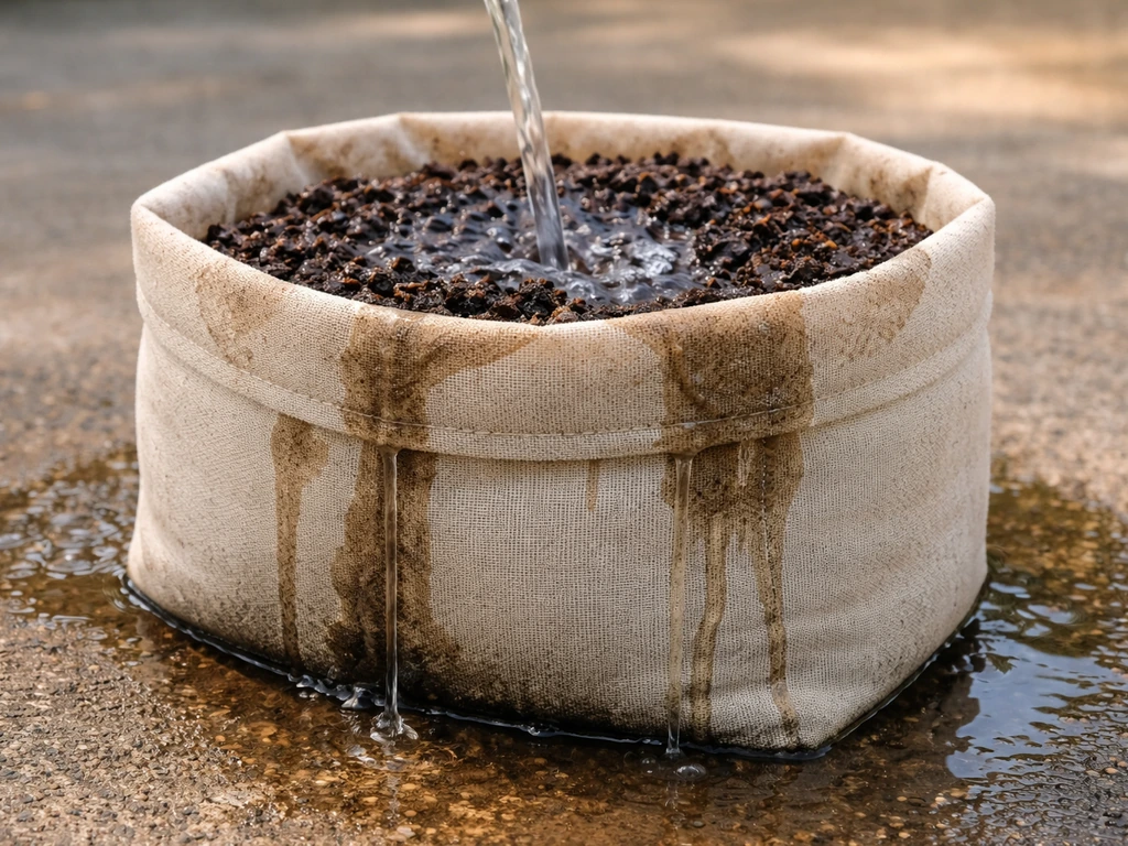 Water poured into a fabric grow bag, with runoff seeping through the sides and bottom.