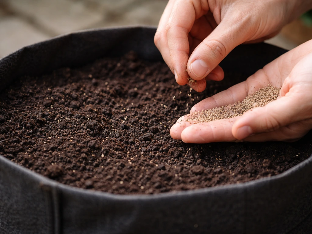 Hands sprinkling loose-leaf lettuce seeds over soil in a grow bag, a few spaced for thinning.