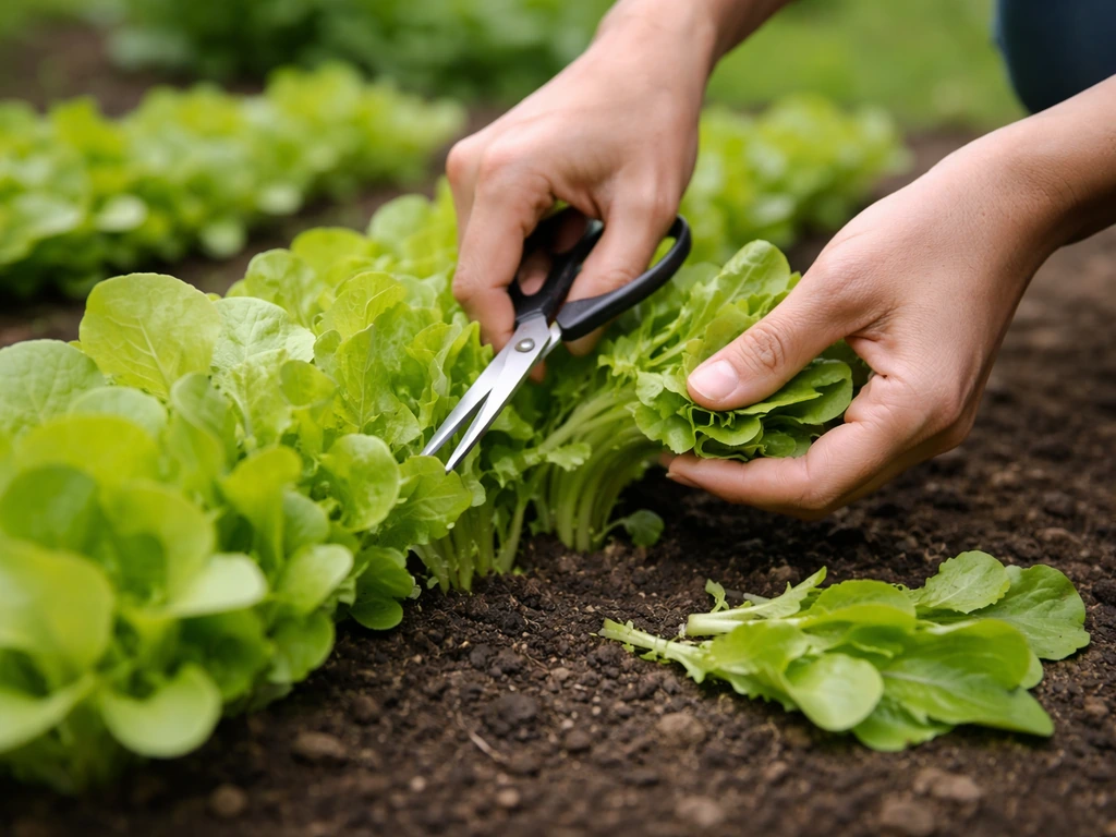 Hands snipping baby loose-leaf lettuce with scissors in a garden bed, with more plants blurred behind.