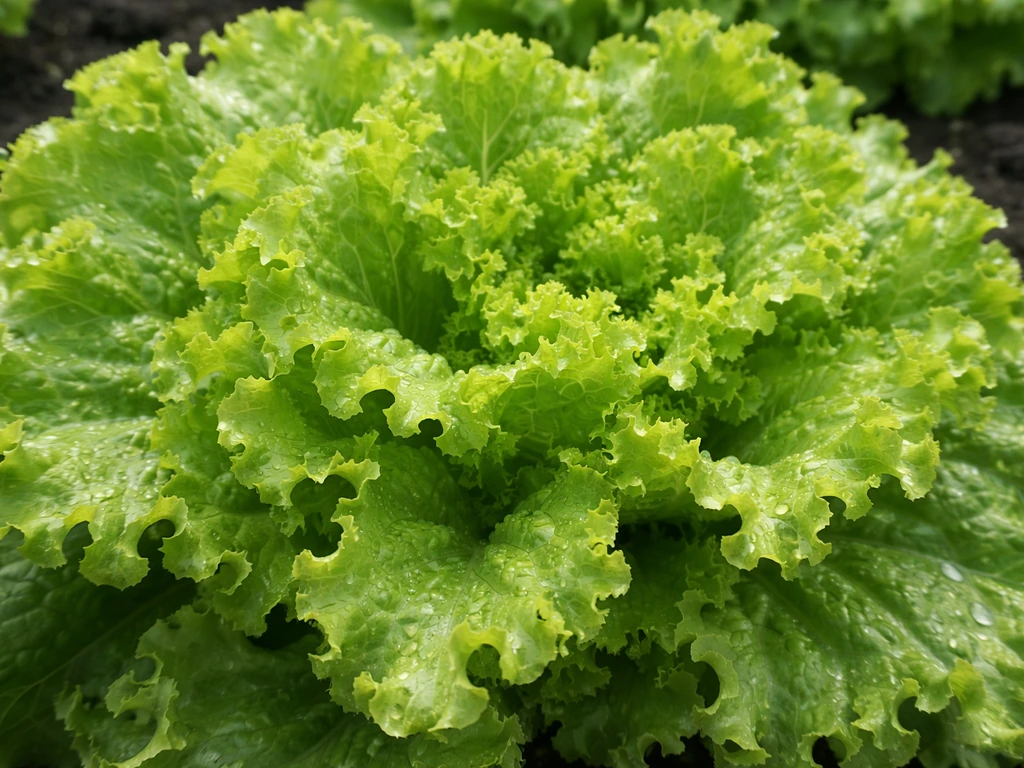 Macro close-up of ruffled, crinkled loose-leaf lettuce leaves with a natural garden background.