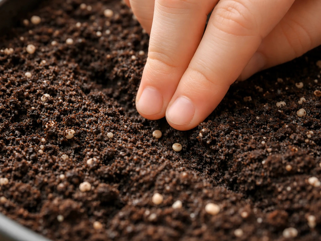 Closeup of tiny lettuce seeds being gently pressed into moist seed-starting mix at shallow depth