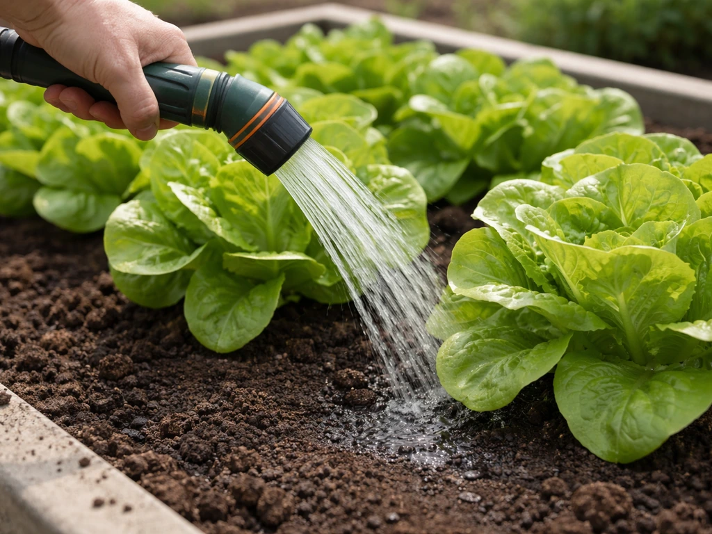 Hand watering lettuce at the base with a focused stream in a garden bed, keeping leaves dry.