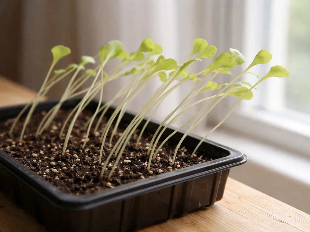Close-up of leggy, thin indoor lettuce seedlings stretching toward a small window.