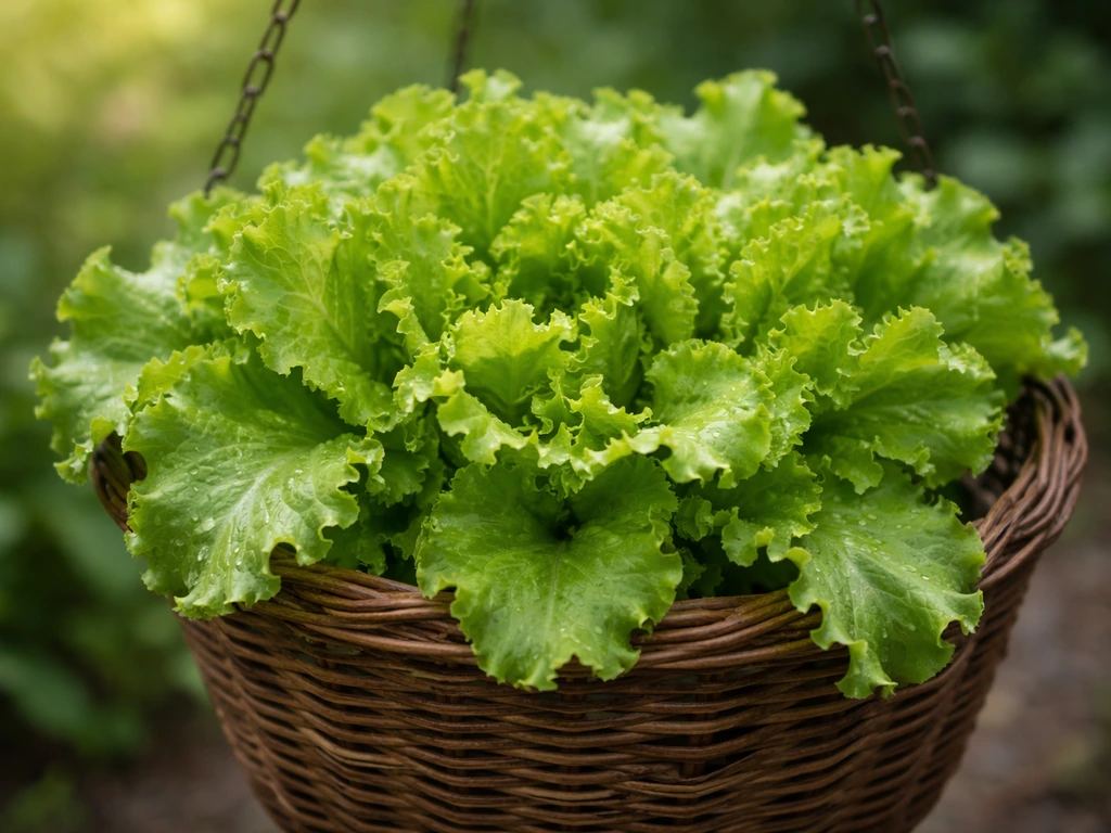 Close-up of loose-leaf lettuce leaves growing in a compact hanging basket, showing cut-and-come-again growth.