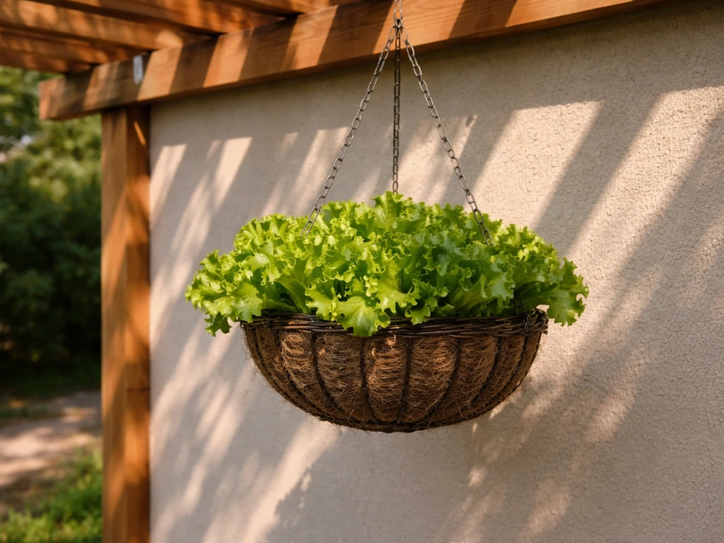 Hanging lettuce basket under a pergola with morning sun and clear shadows showing the right light placement.
