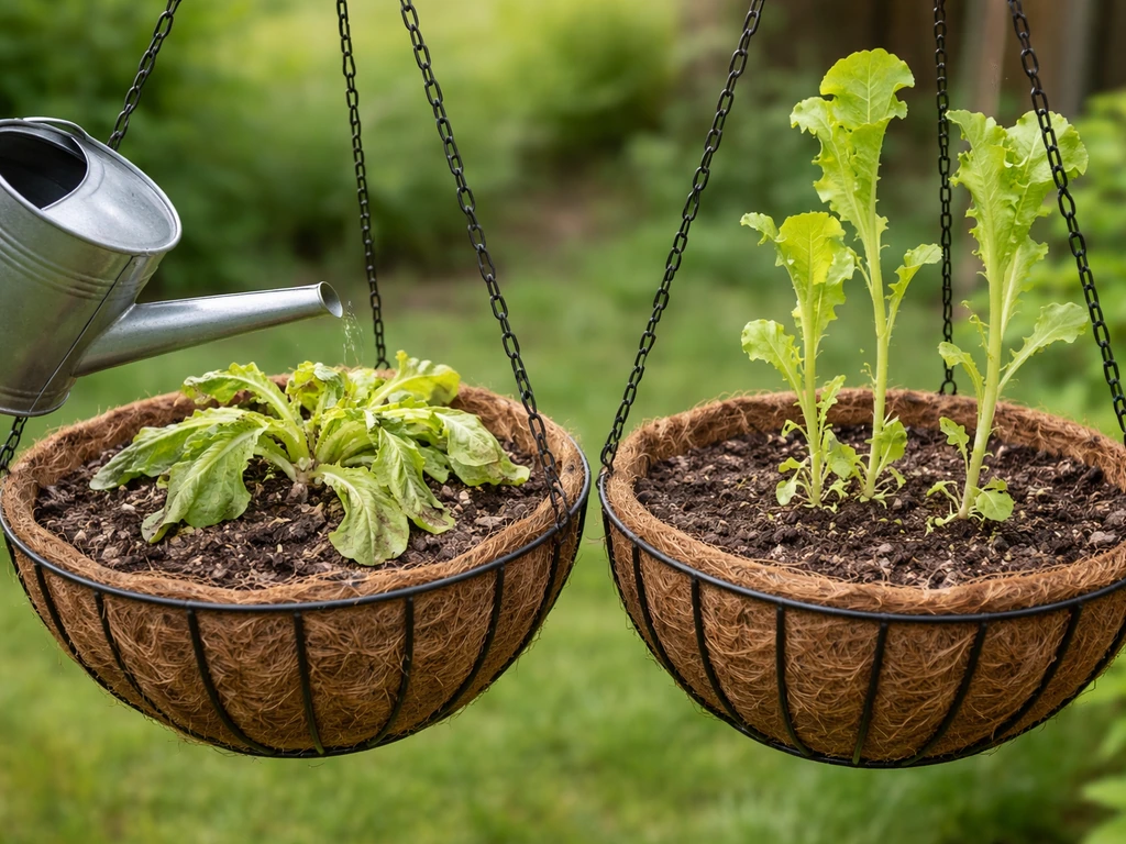 Two hanging lettuce baskets showing wilting and leggy growth with a watering can nearby.